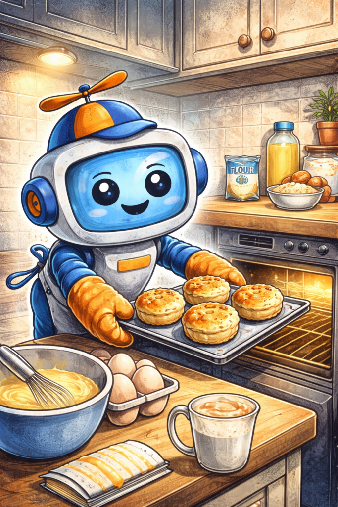 Cartoon robot Scripty wearing oven mitts and holding a tray of golden popovers in a bright kitchen with baking ingredients
