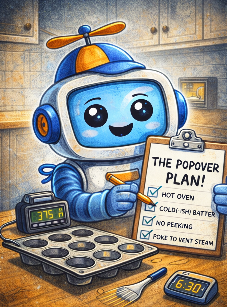 Cartoon robot Scripty holding a clipboard titled “The Popover Plan” beside a muffin tin, timer, and oven temperature display.