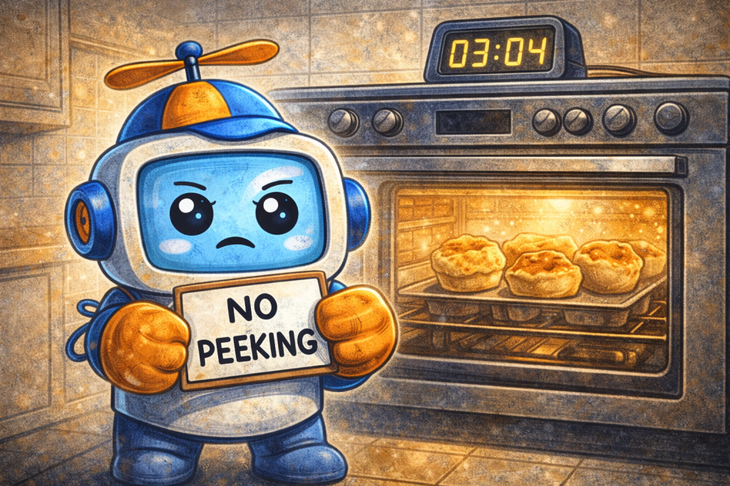 Cartoon robot Scripty holding a “NO PEEKING” sign in front of an oven while popovers bake inside.